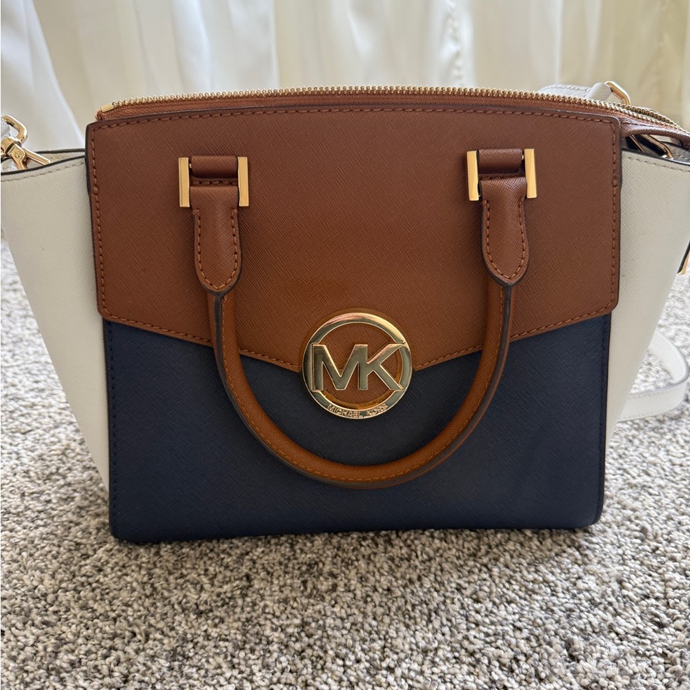 Michael Kors Tri-Color Satchel in Brown, Navy, and Cream